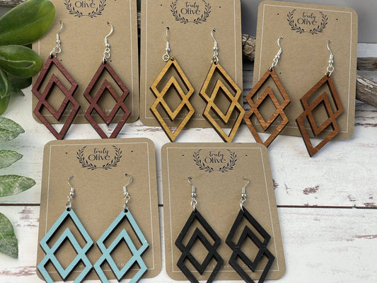 Antique Wood Connected Triangles Earrings