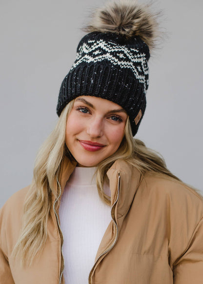 Charcoal & White Speckled Pattern Pom Hat