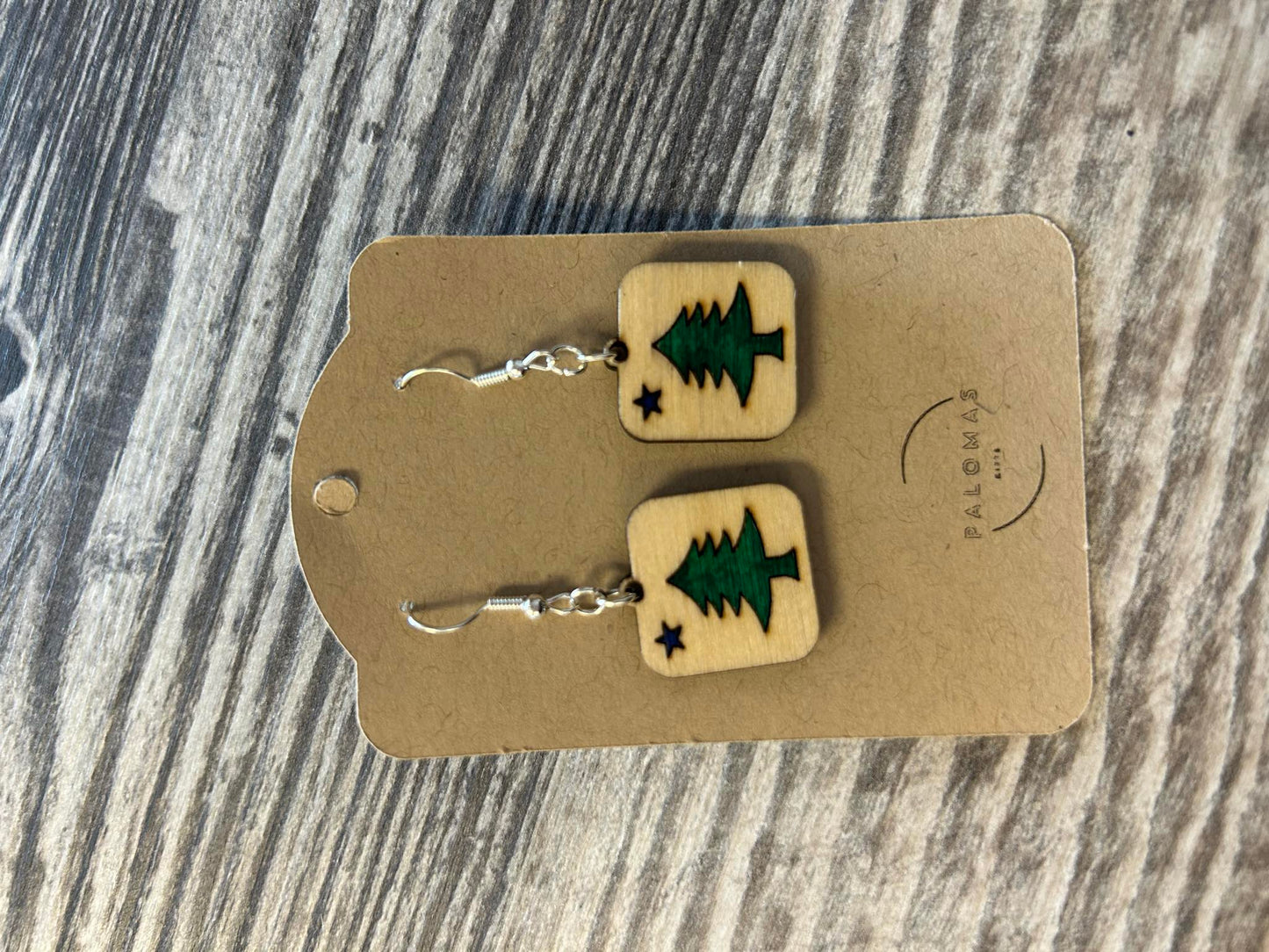 wooden maine flag earrings square