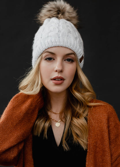 White Braided Knit Pom Hat