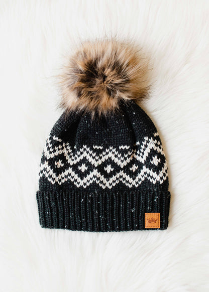 Charcoal & White Speckled Pattern Pom Hat