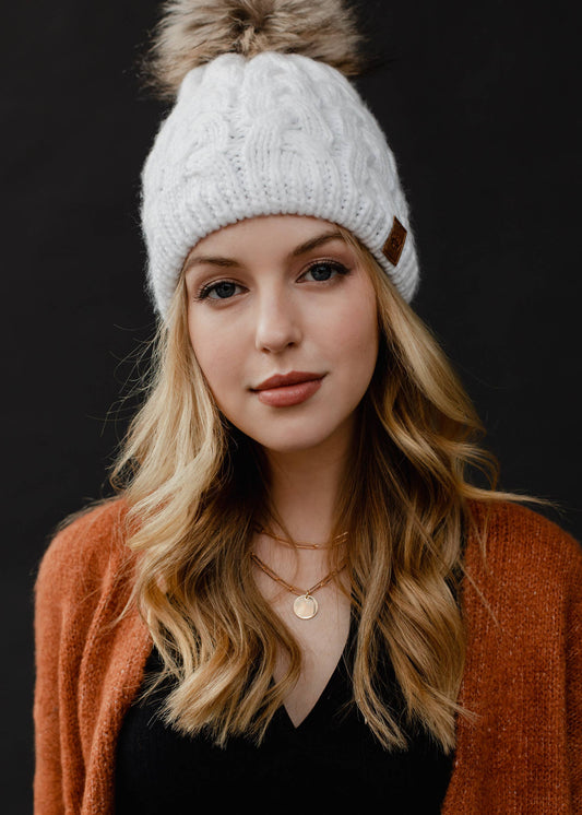 White Braided Knit Pom Hat