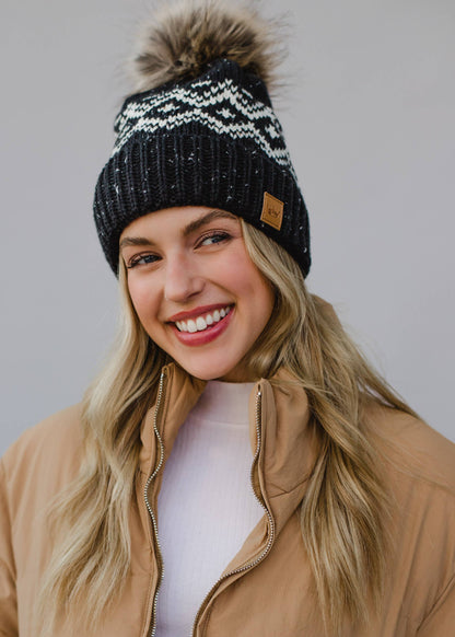 Charcoal & White Speckled Pattern Pom Hat