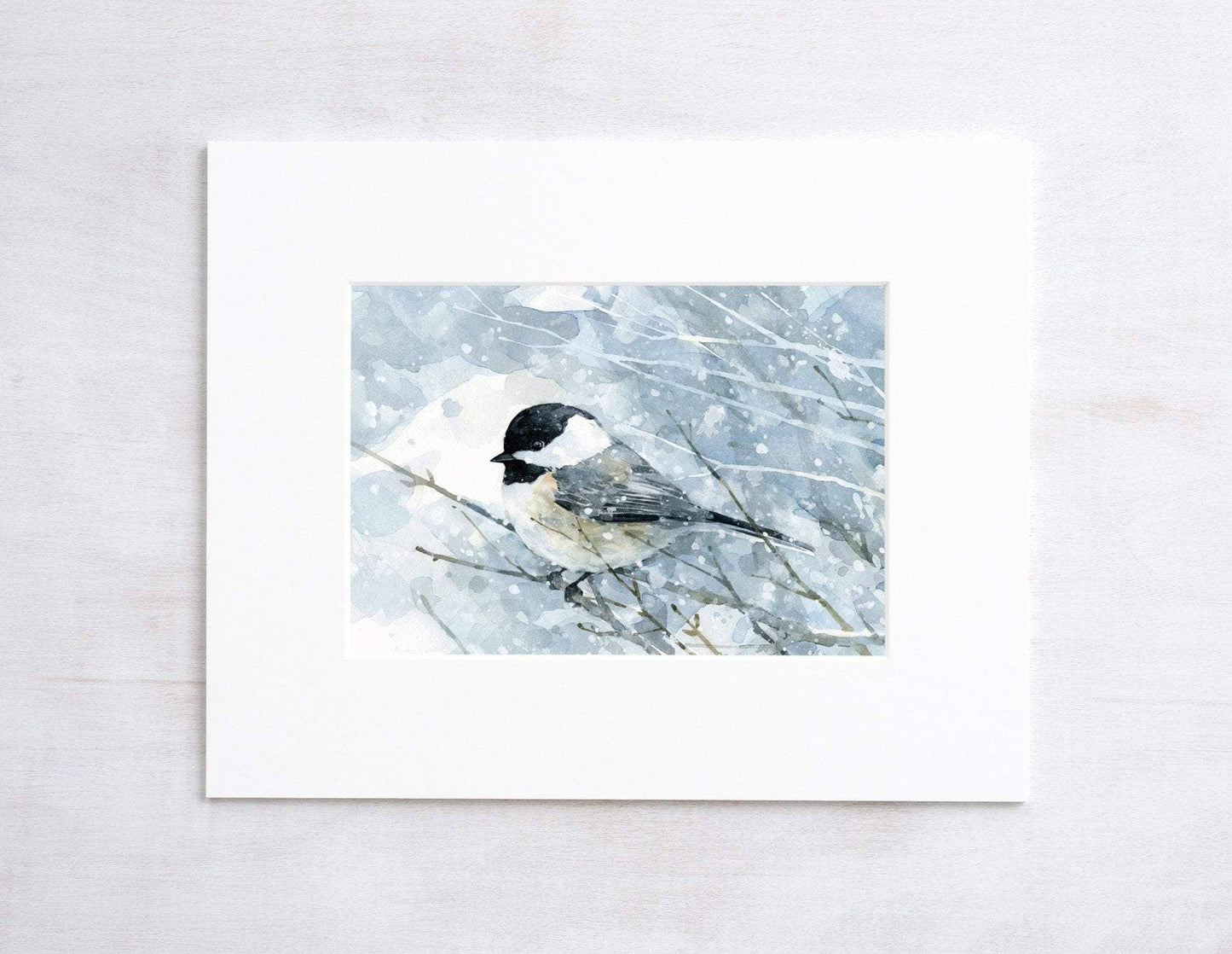 Studio Tuesday Chickadee in Snow Watercolor Art Print, Bird Painting