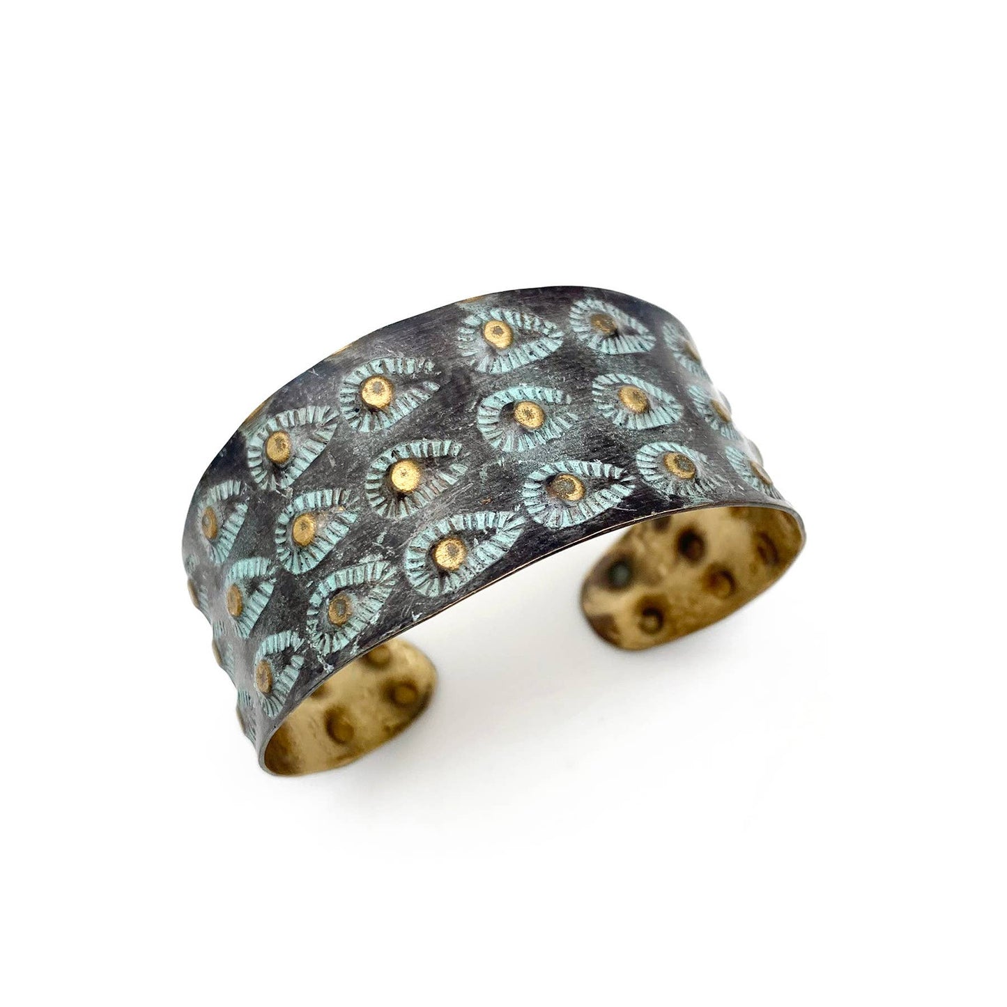 Anju Jewelry Brass Patina Bracelet - Aqua on Brown Teardrops and Dots