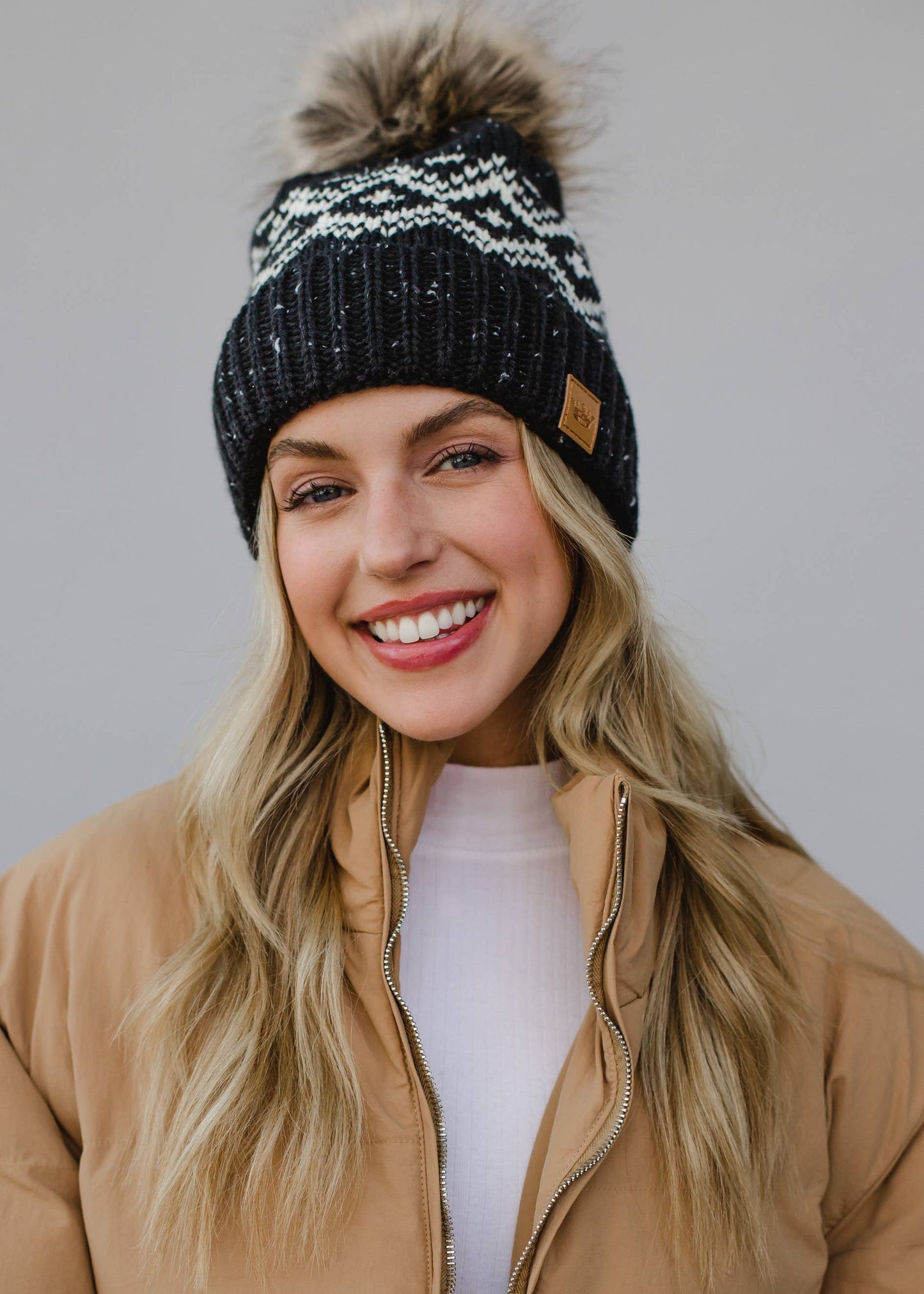 Charcoal & White Speckled Pattern Pom Hat