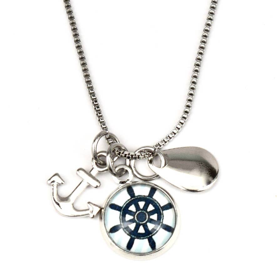 Ship wheel Helm Button With Anchor Silver Necklace – Palomas Gifts