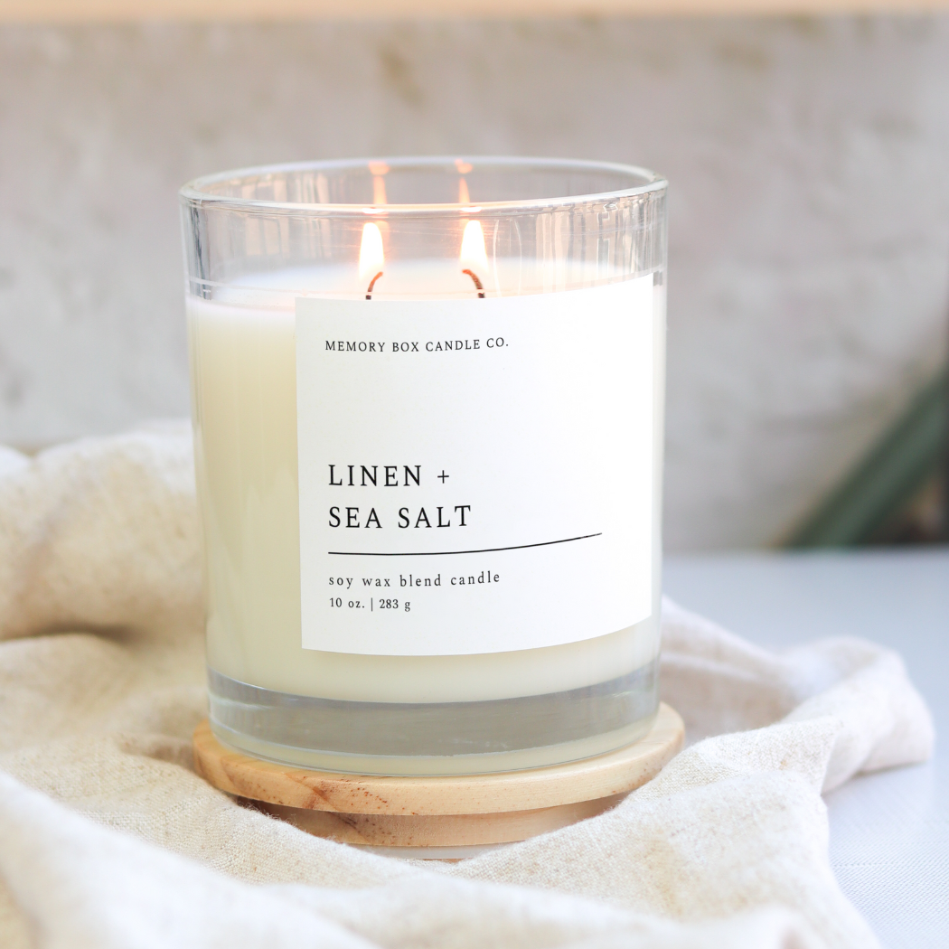 Linen + Sea Salt - 10 oz. Clear Glass Soy Candle