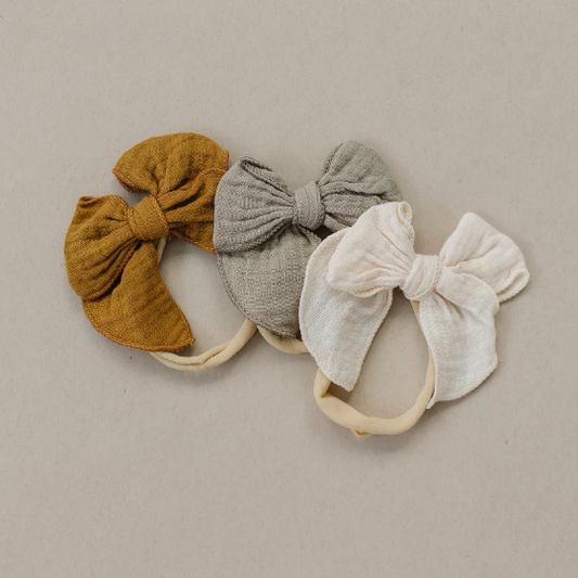 Golden Dot Lane Set of 3 Neutral Gauze Linen Baby Bow Headbands